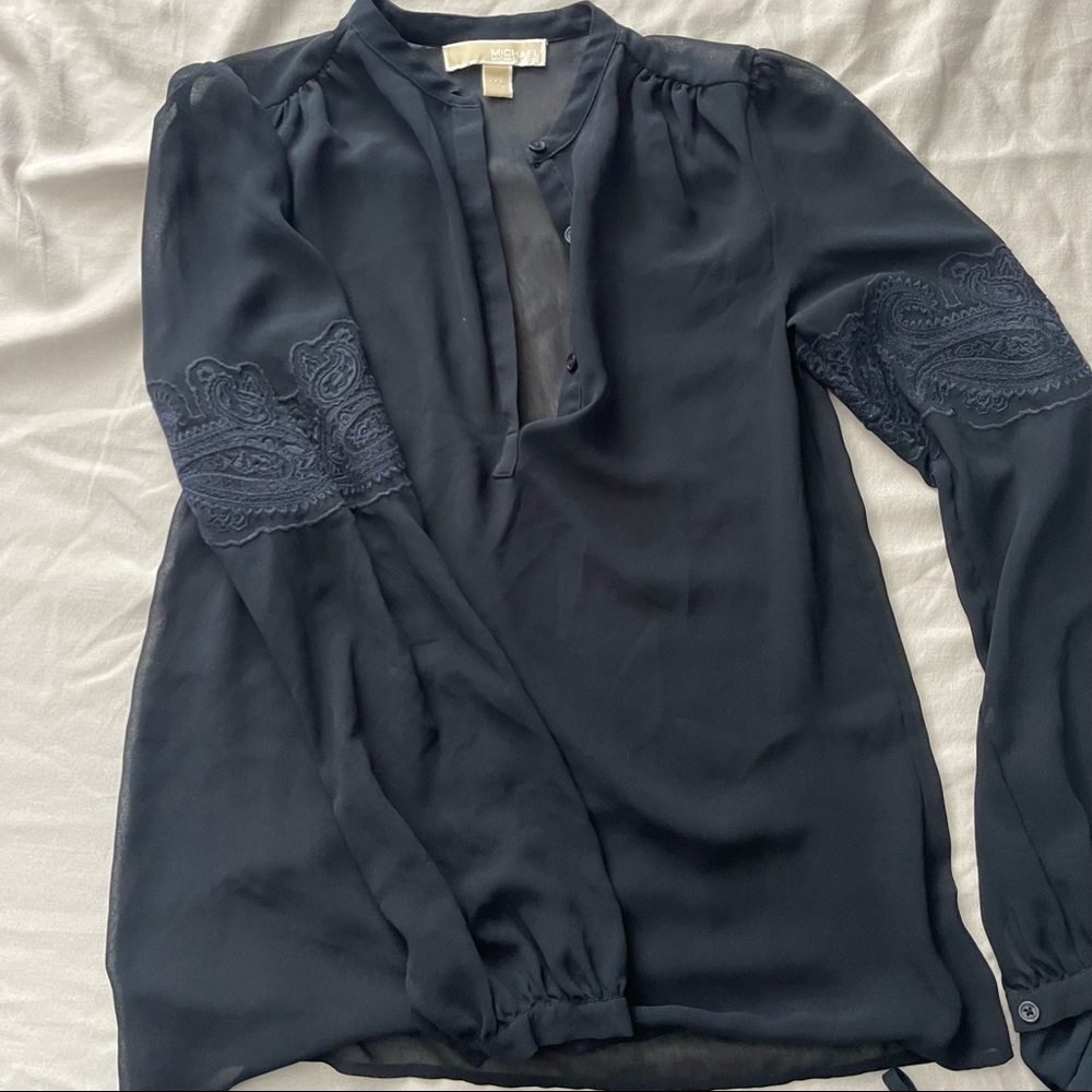 Michael Kors Chiffon Blouse with Embroidered Sleeve, Navy, XXS